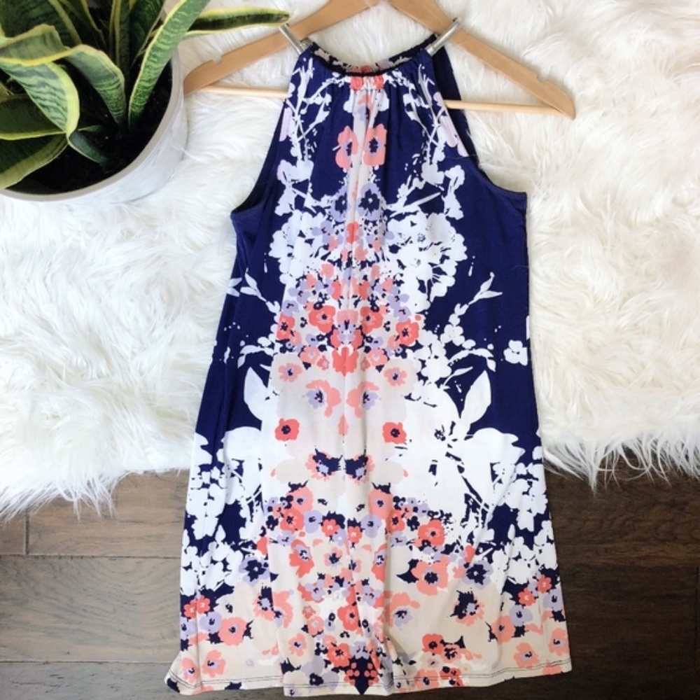 Alfani Shift Dress Floral Navy Halter High Neck
